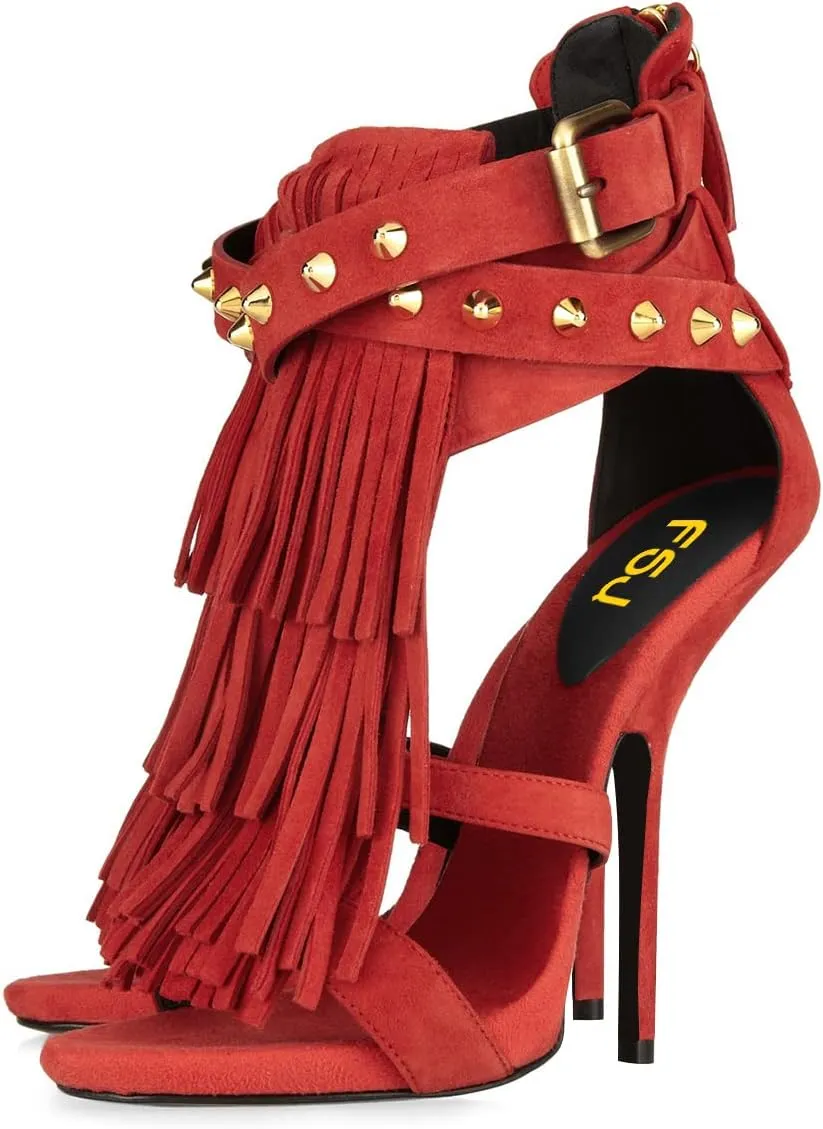 FSJ Women Tassels Gladiator Heeled Sandals Open Toe Stiletto High Heel Fringed Rivets Ankle Strap Back Zipper Shoes Size 4-15 US