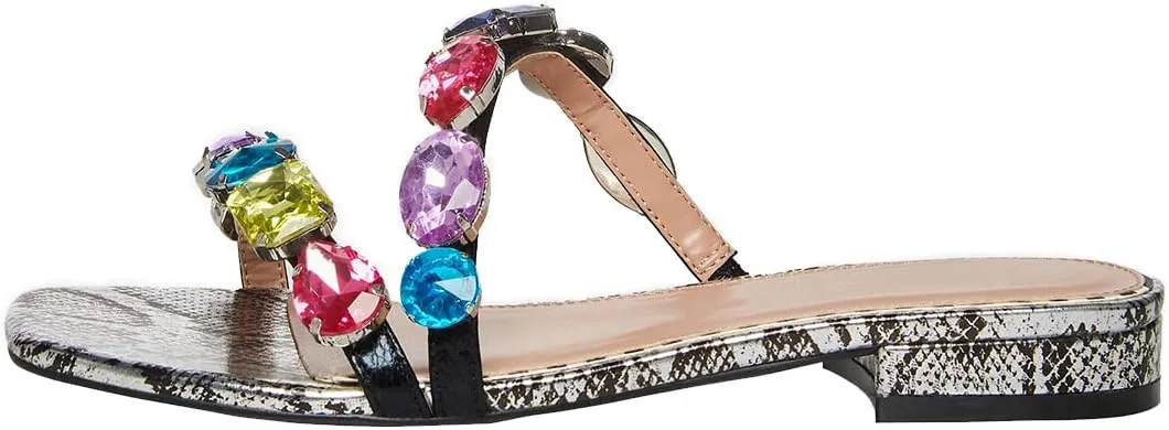FSJ Women's Flat Jeweled Sandals Crystal with Rhinestone Slide Open Toe Casual Slip On Summer Beach Party Bridal Wedding Shoes Size 4-15 US