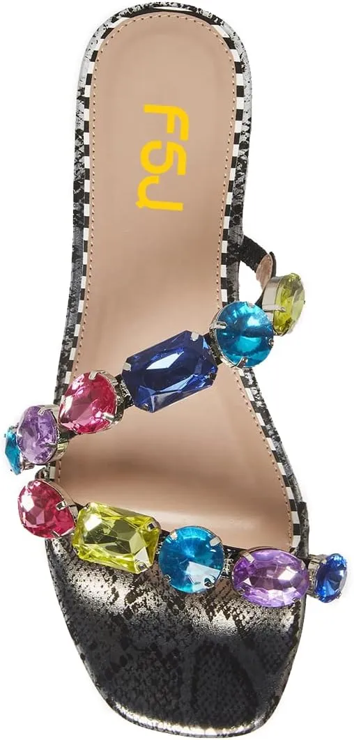 FSJ Women's Flat Jeweled Sandals Crystal with Rhinestone Slide Open Toe Casual Slip On Summer Beach Party Bridal Wedding Shoes Size 4-15 US