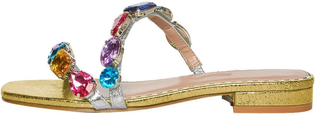 FSJ Women's Flat Jeweled Sandals Crystal with Rhinestone Slide Open Toe Casual Slip On Summer Beach Party Bridal Wedding Shoes Size 4-15 US