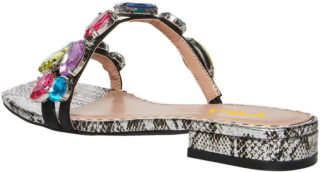 FSJ Women's Flat Jeweled Sandals Crystal with Rhinestone Slide Open Toe Casual Slip On Summer Beach Party Bridal Wedding Shoes Size 4-15 US