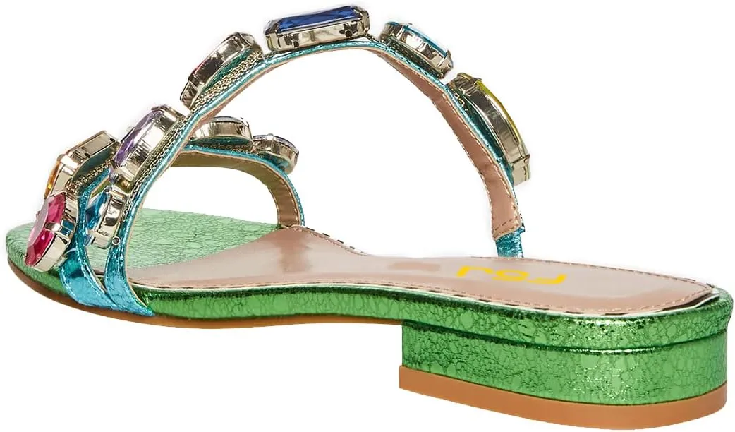 FSJ Women's Flat Jeweled Sandals Crystal with Rhinestone Slide Open Toe Casual Slip On Summer Beach Party Bridal Wedding Shoes Size 4-15 US