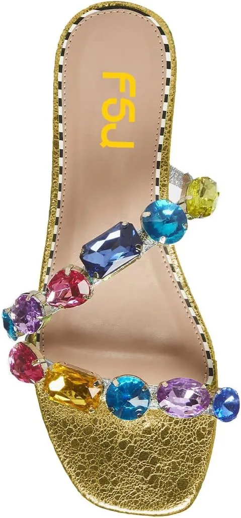FSJ Women's Flat Jeweled Sandals Crystal with Rhinestone Slide Open Toe Casual Slip On Summer Beach Party Bridal Wedding Shoes Size 4-15 US
