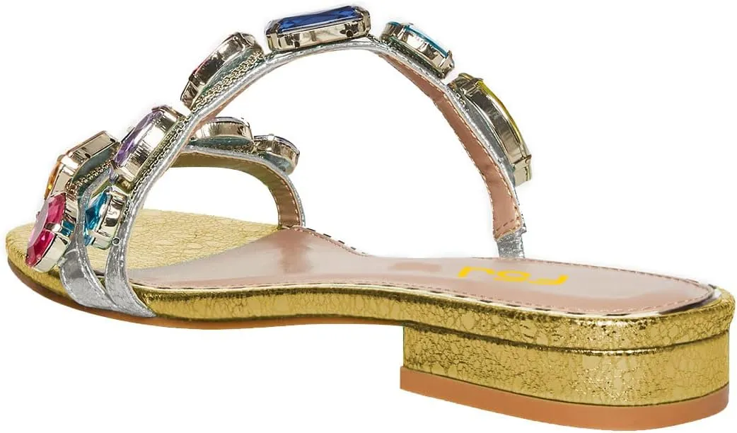 FSJ Women's Flat Jeweled Sandals Crystal with Rhinestone Slide Open Toe Casual Slip On Summer Beach Party Bridal Wedding Shoes Size 4-15 US