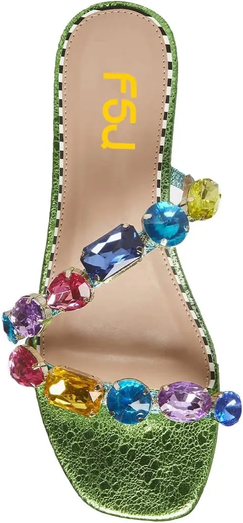 FSJ Women's Flat Jeweled Sandals Crystal with Rhinestone Slide Open Toe Casual Slip On Summer Beach Party Bridal Wedding Shoes Size 4-15 US