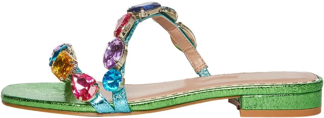 FSJ Women's Flat Jeweled Sandals Crystal with Rhinestone Slide Open Toe Casual Slip On Summer Beach Party Bridal Wedding Shoes Size 4-15 US