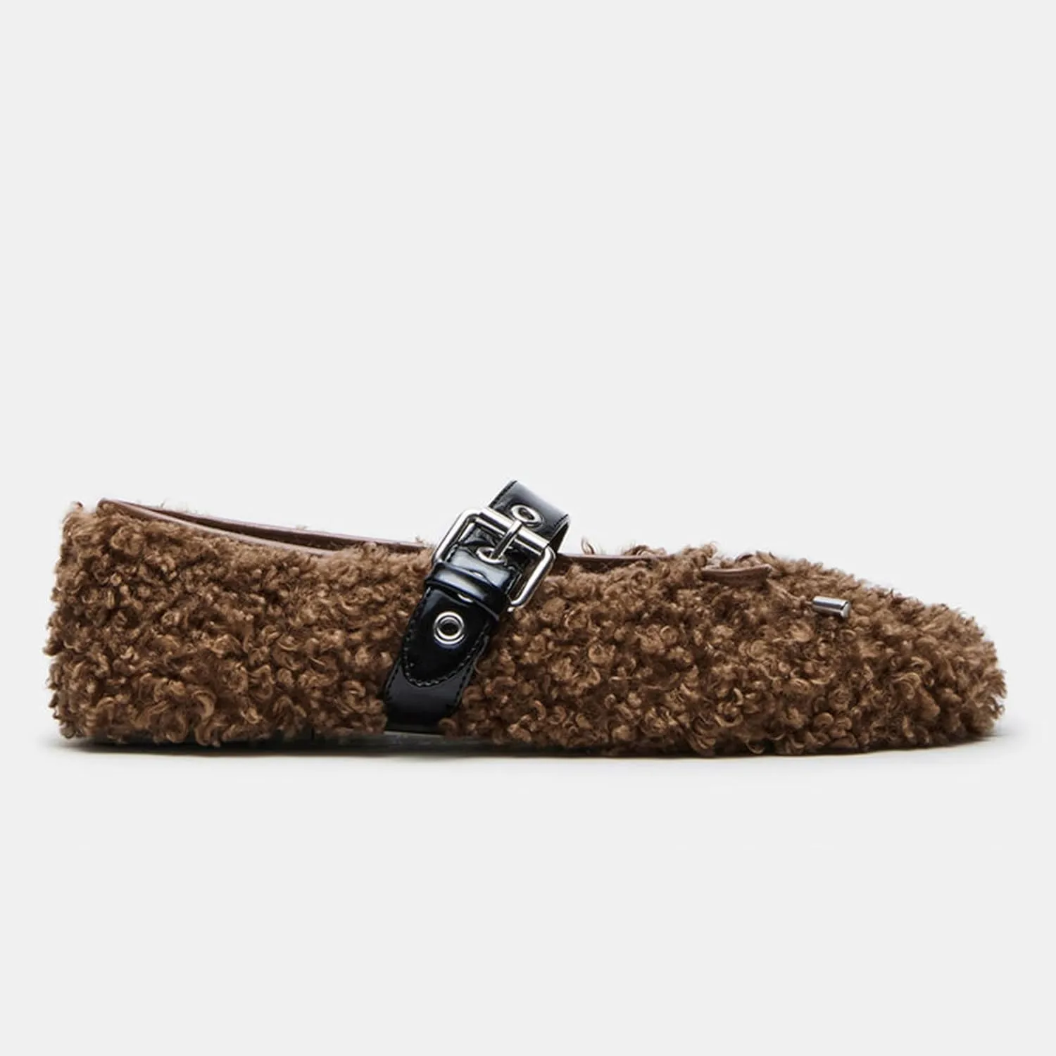 Fur Ballet Flats with Buckle for Women Comfy Faux Shearling Mary Jane Flats Adjustable Strap Ballerina Flat Shoes Causal Daily Dress Shoes