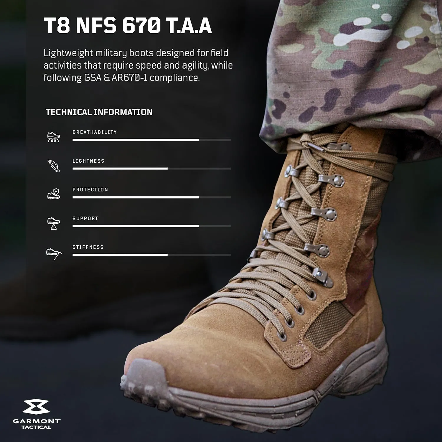 GARMONT TACTICAL T8 NFS 670 Military Combat Boots for Men and Women, Army, Air Force, AR670-1 Compliant Footwear, Lightweight, Suede Leather