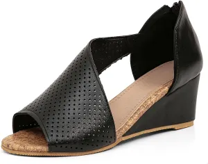 getmorebeauty Women's Side Cutout Wedge Sandals Back Zipper Open Toe Slides Breathable Hollow Mid Heel Summer Shoes