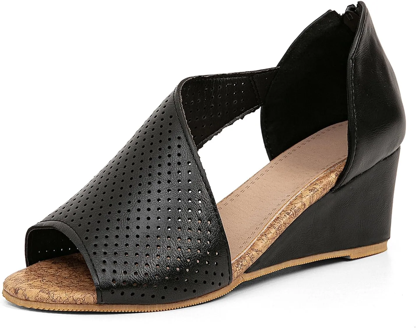 getmorebeauty Women's Side Cutout Wedge Sandals Back Zipper Open Toe Slides Breathable Hollow Mid Heel Summer Shoes