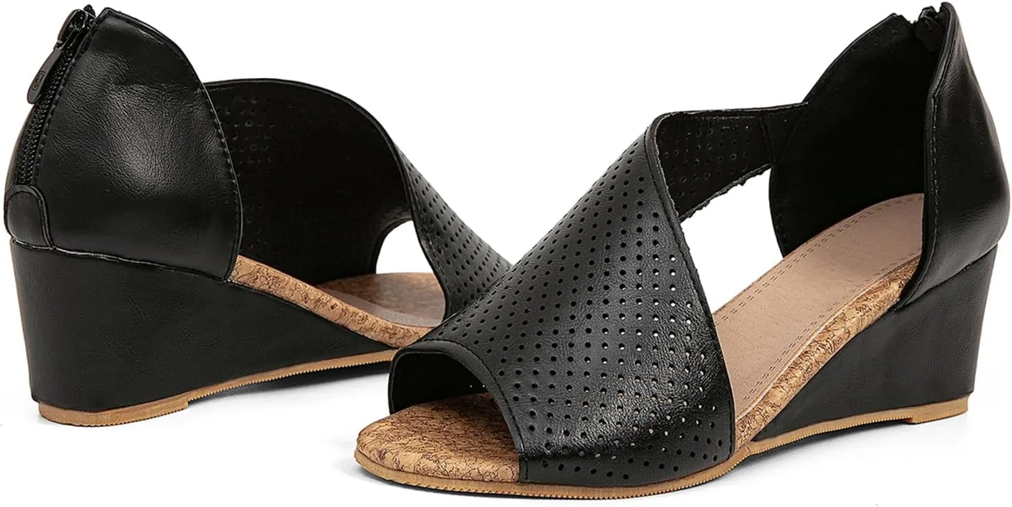 getmorebeauty Women's Side Cutout Wedge Sandals Back Zipper Open Toe Slides Breathable Hollow Mid Heel Summer Shoes