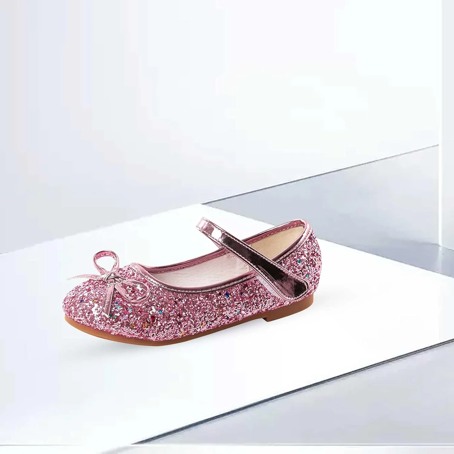 Girls Cute Bowknot Glitter Dress Shoes Mary Jane Low Heels Party Wedding Prom Formal Shoes for Preppy Teens Kids