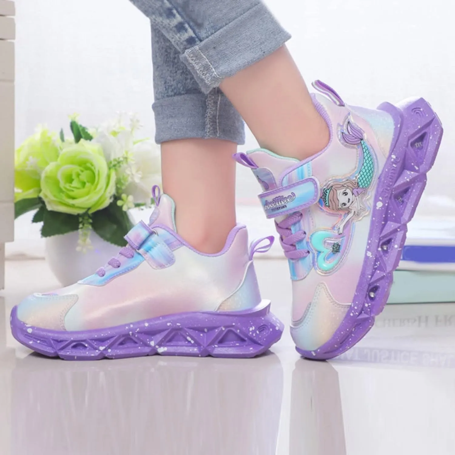 Girls’ Princess Shoes Slip On Light-Up Sneakers Mermai𝐝 Shoes Breathable Mesh Sneakers Toddler Girl Tennis Shoes