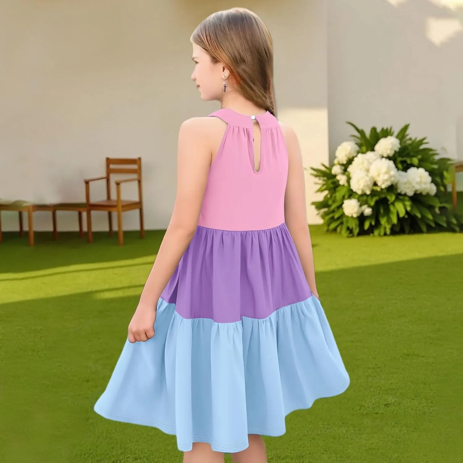 Girls' Sleeveless Color Block Dress Summer Casual Tiered Sundress for Kids Lightweight and Breathable