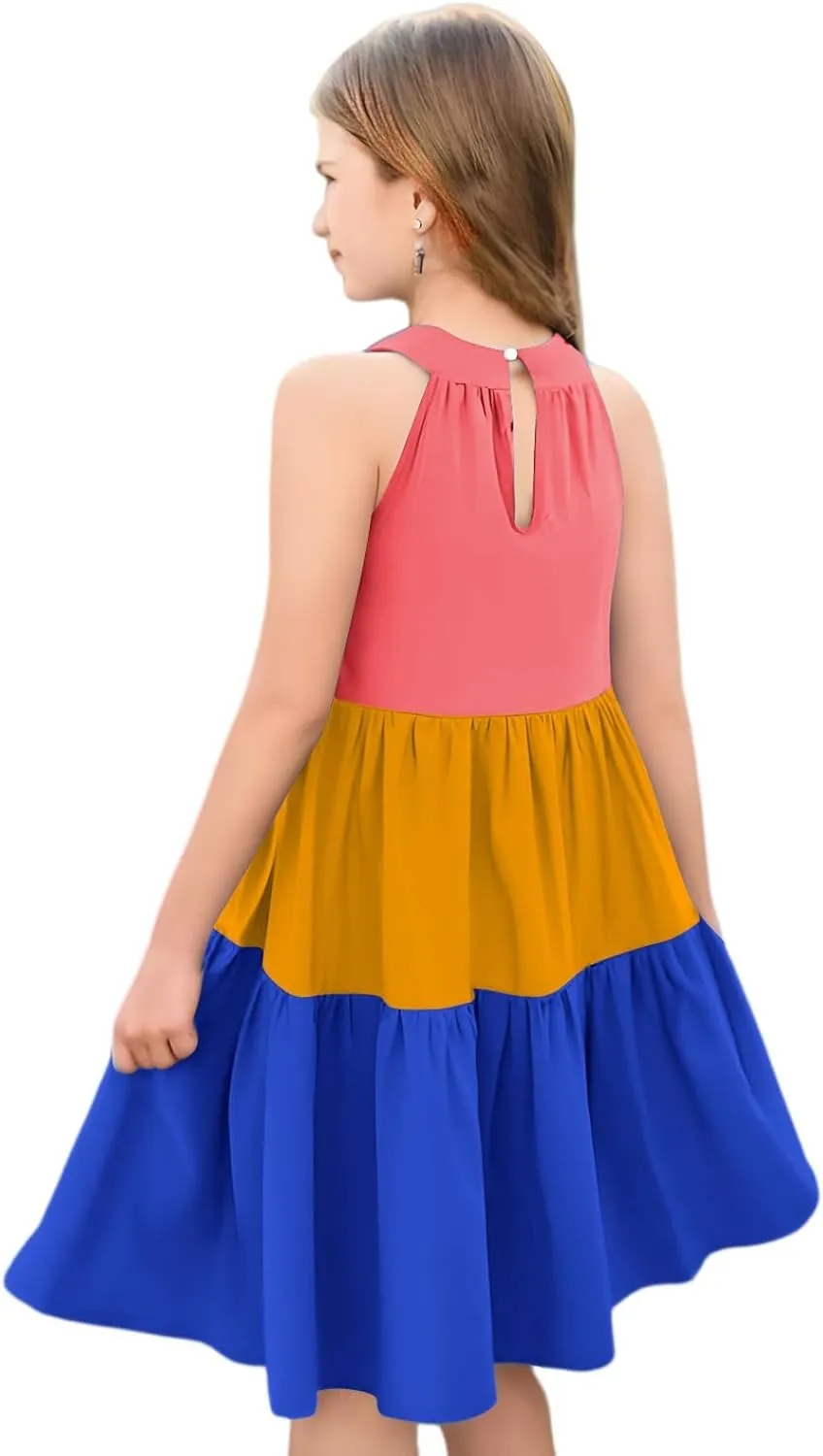 Girls' Sleeveless Color Block Dress Summer Casual Tiered Sundress for Kids Lightweight and Breathable