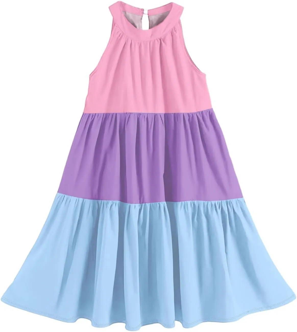 Girls' Sleeveless Color Block Dress Summer Casual Tiered Sundress for Kids Lightweight and Breathable
