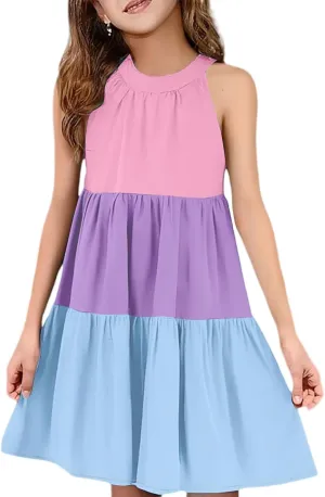 Girls' Sleeveless Color Block Dress Summer Casual Tiered Sundress for Kids Lightweight and Breathable