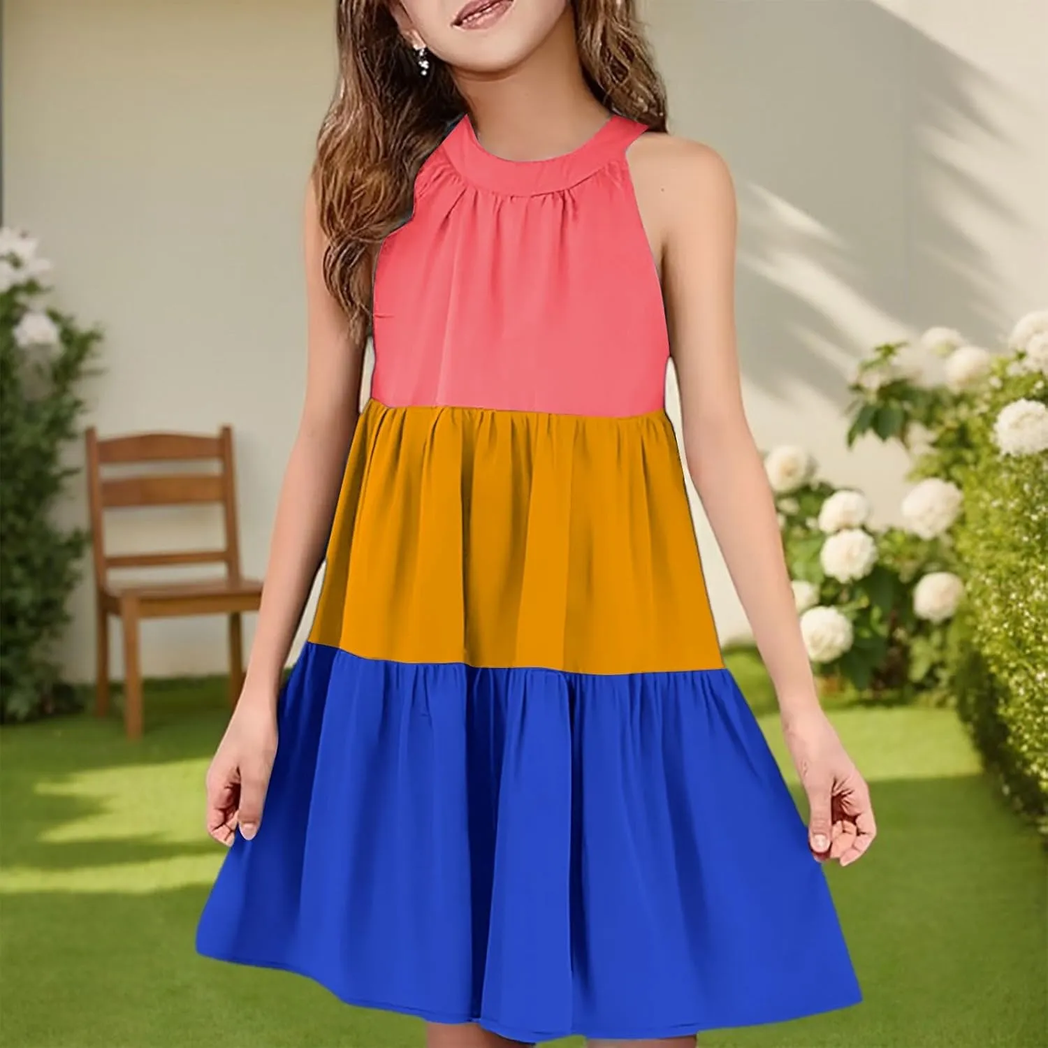 Girls' Sleeveless Color Block Dress Summer Casual Tiered Sundress for Kids Lightweight and Breathable