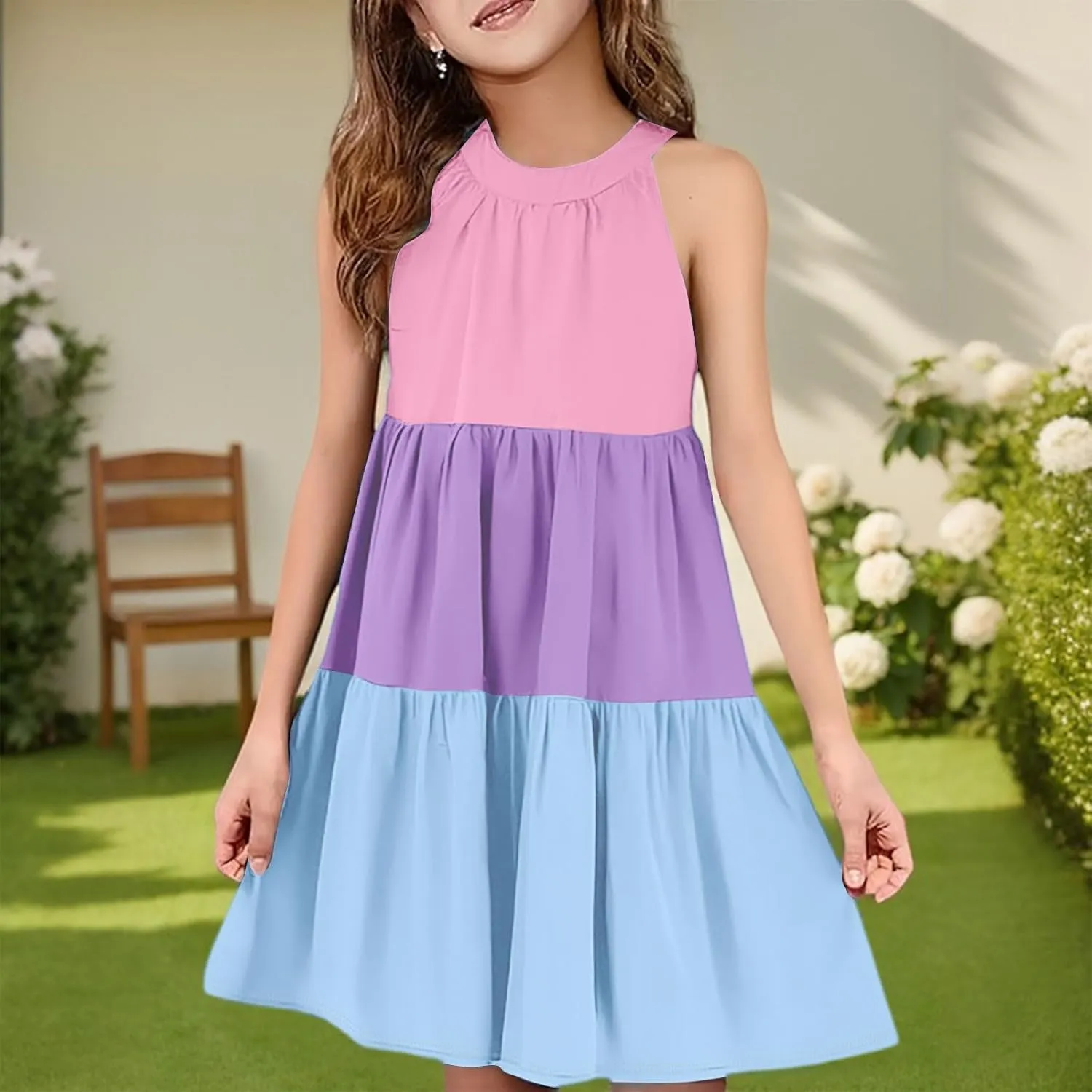 Girls' Sleeveless Color Block Dress Summer Casual Tiered Sundress for Kids Lightweight and Breathable