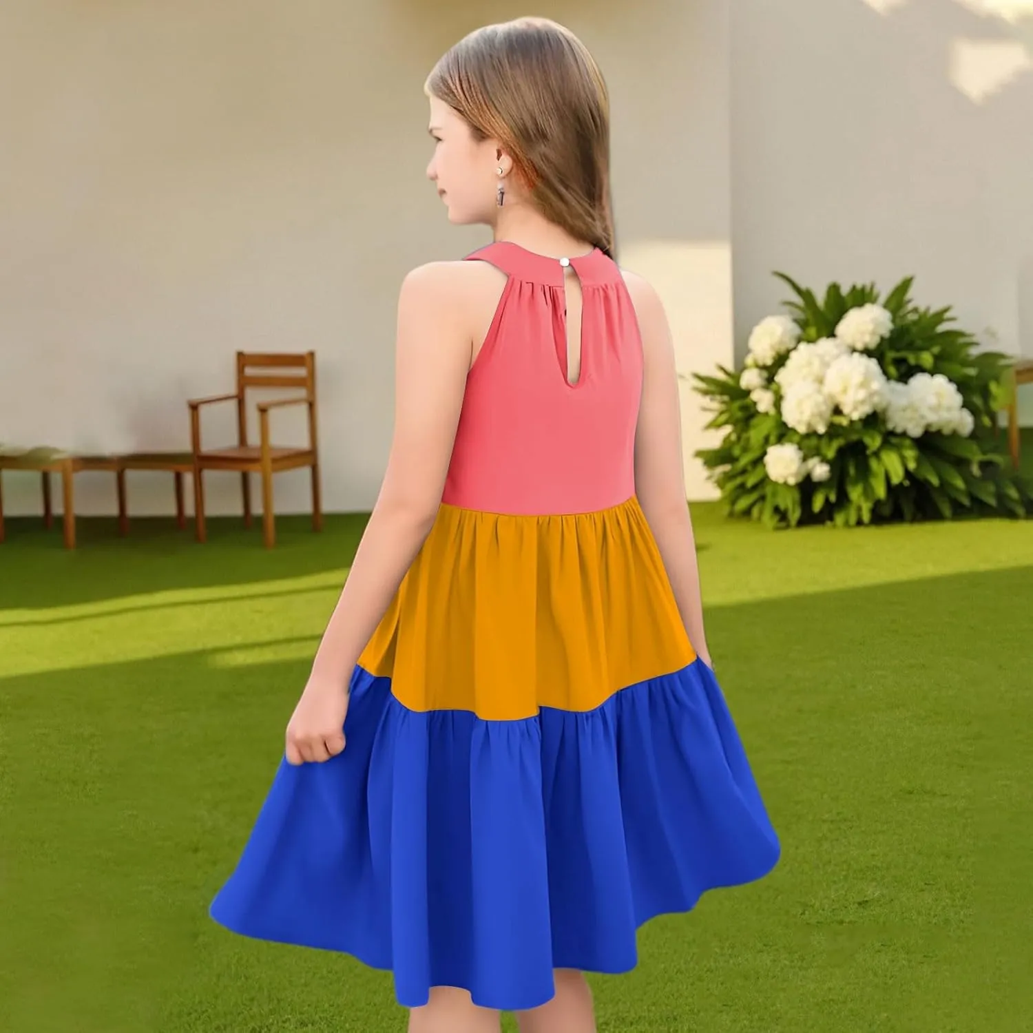 Girls' Sleeveless Color Block Dress Summer Casual Tiered Sundress for Kids Lightweight and Breathable