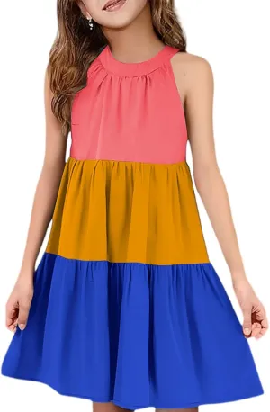 Girls' Sleeveless Color Block Dress Summer Casual Tiered Sundress for Kids Lightweight and Breathable