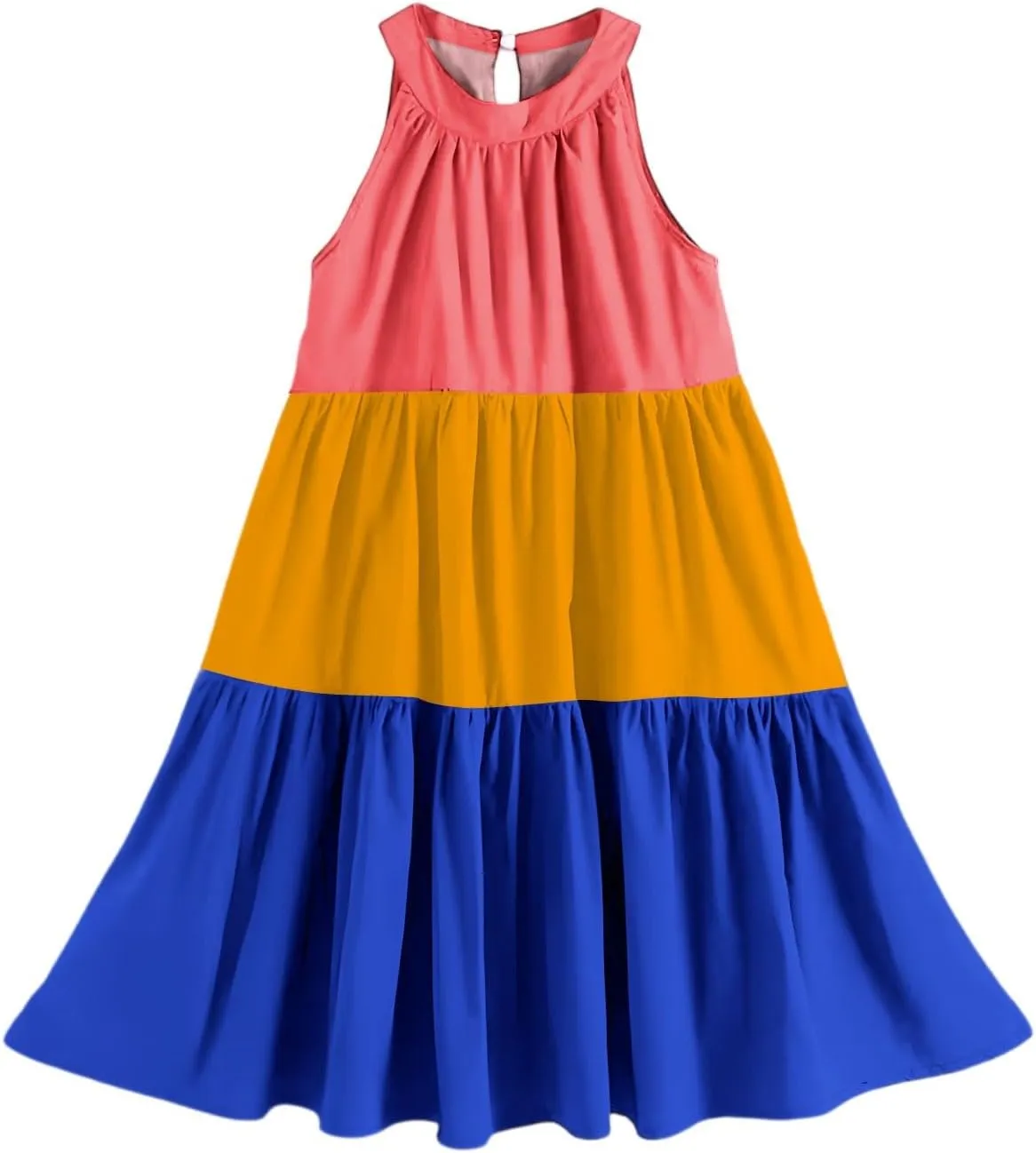 Girls' Sleeveless Color Block Dress Summer Casual Tiered Sundress for Kids Lightweight and Breathable