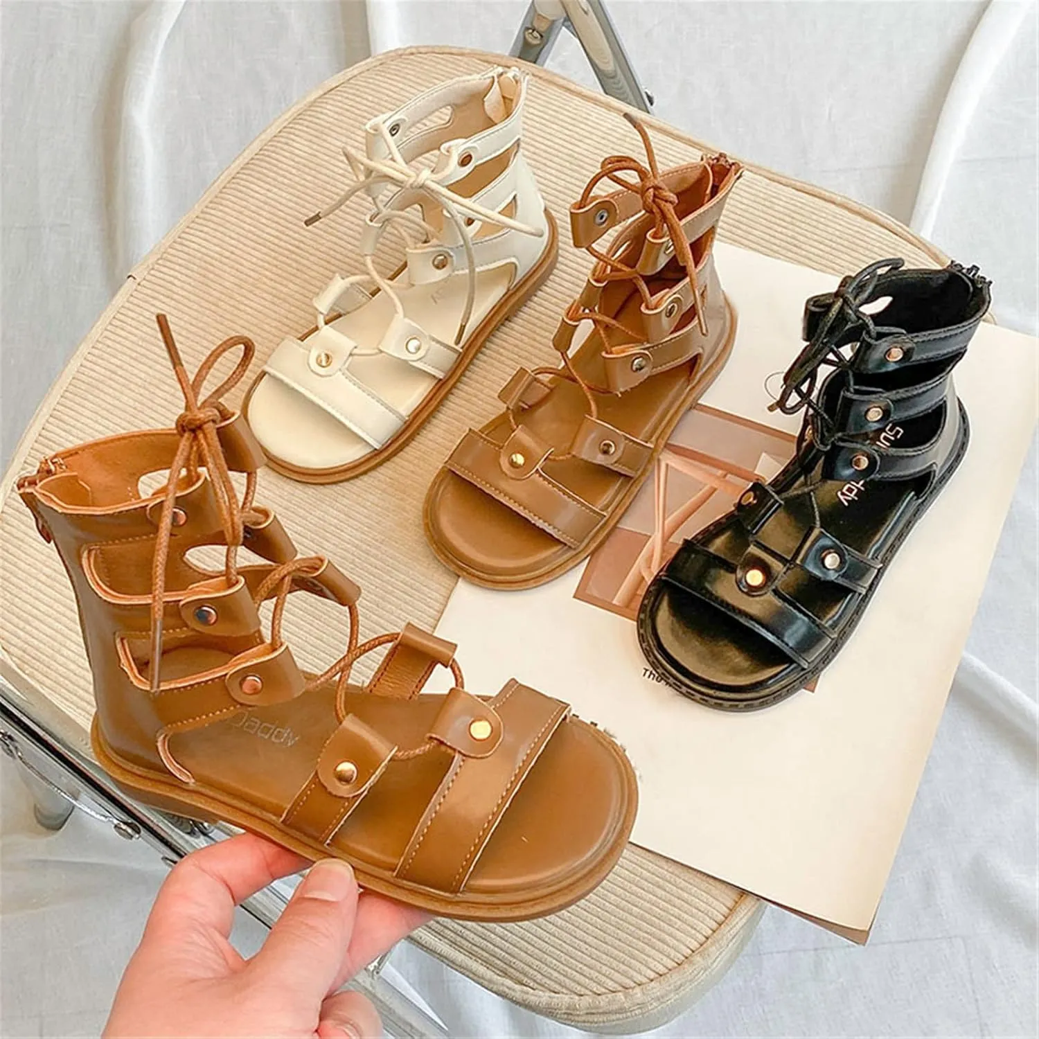 Girls Toddler/Little Kid/Big Kid High Top Sandals Adjustable Rope Straps Sandals Zipper Summer (Brown, 3 Big Kids)