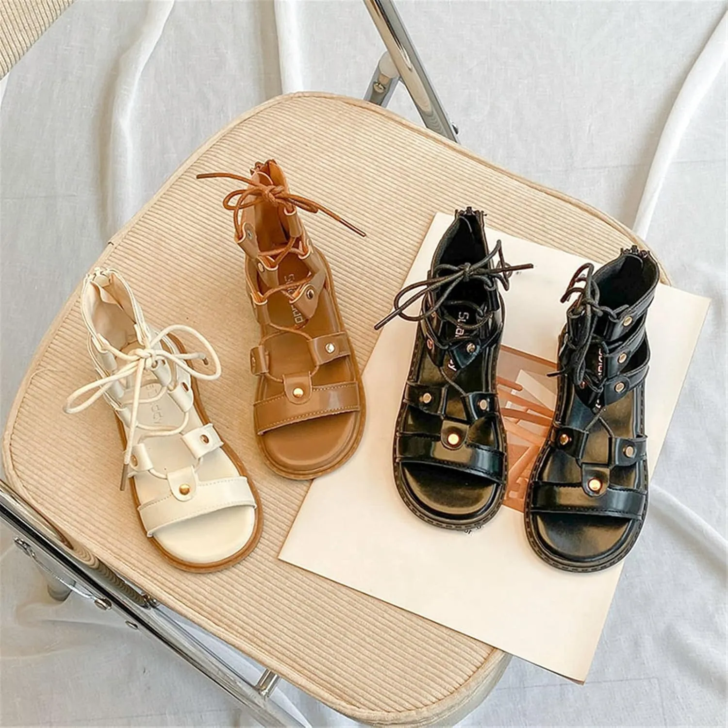 Girls Toddler/Little Kid/Big Kid High Top Sandals Adjustable Rope Straps Sandals Zipper Summer (Brown, 3 Big Kids)