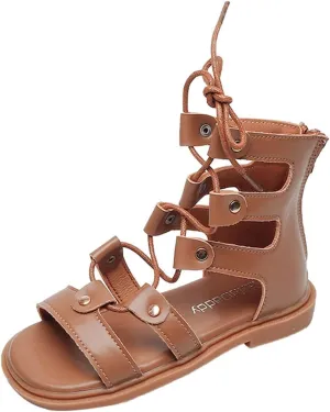 Girls Toddler/Little Kid/Big Kid High Top Sandals Adjustable Rope Straps Sandals Zipper Summer (Brown, 3 Big Kids)