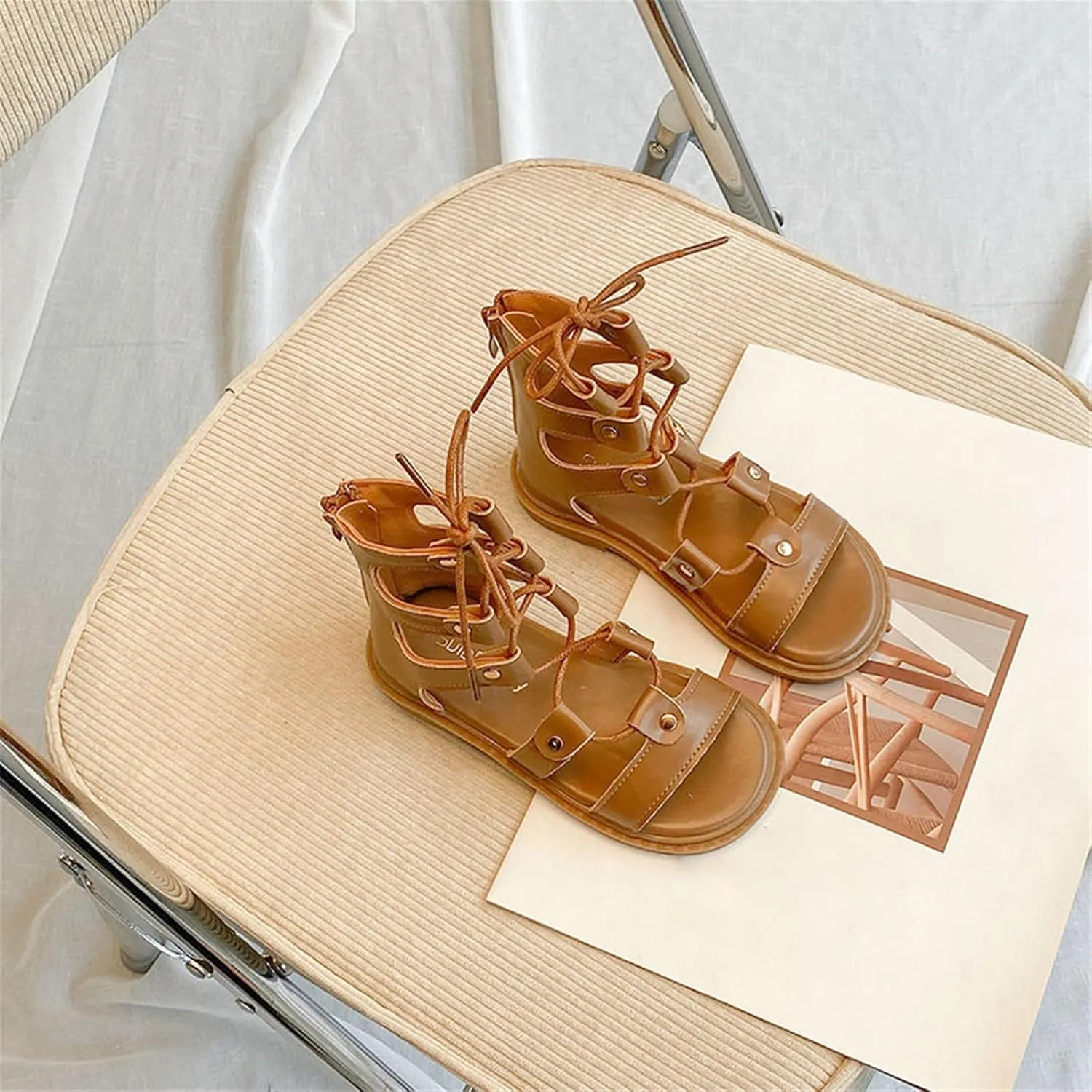 Girls Toddler/Little Kid/Big Kid High Top Sandals Adjustable Rope Straps Sandals Zipper Summer (Brown, 3 Big Kids)