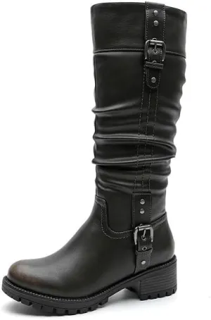 GLOBALWIN Women's Black Knee-High Boots: Fashion Dressy Riding Boots - Chunky Low Heel, Slouchy Design, Buckle Detail, All-Season, Comfortable 2-Inch Heels