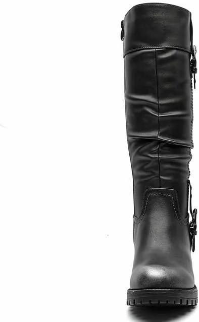 GLOBALWIN Women's Black Knee-High Boots: Fashion Dressy Riding Boots - Chunky Low Heel, Slouchy Design, Buckle Detail, All-Season, Comfortable 2-Inch Heels