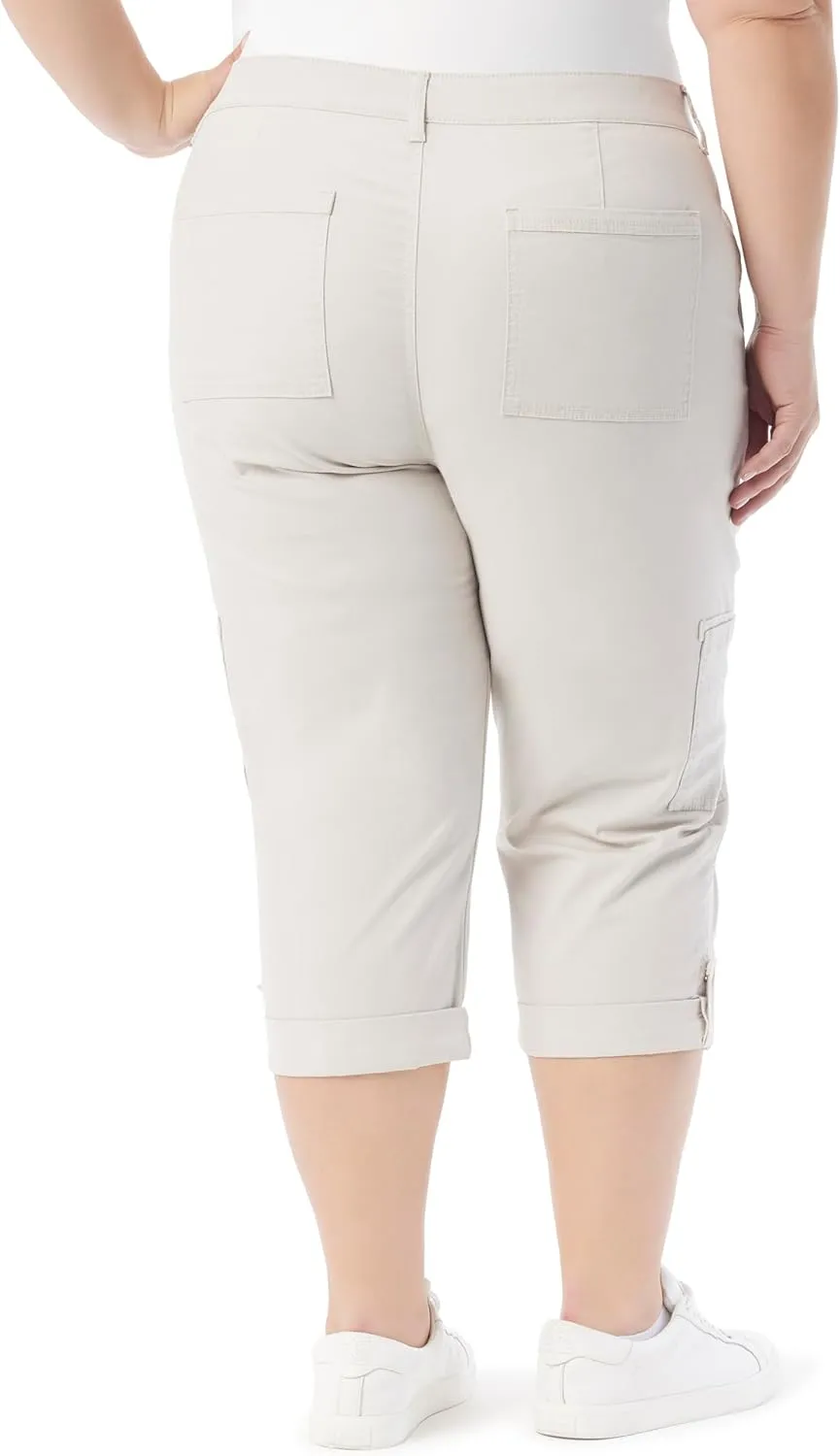Gloria Vanderbilt Women's Cargo Capri Tab Roll Cuff with Zip Front and Elastic Waist Standard