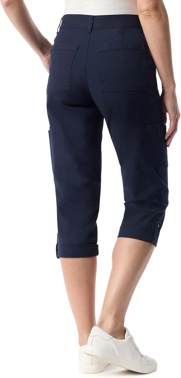 Gloria Vanderbilt Women's Cargo Capri Tab Roll Cuff with Zip Front and Elastic Waist Standard