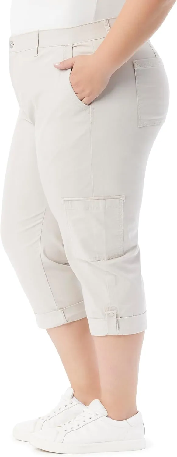Gloria Vanderbilt Women's Cargo Capri Tab Roll Cuff with Zip Front and Elastic Waist Standard