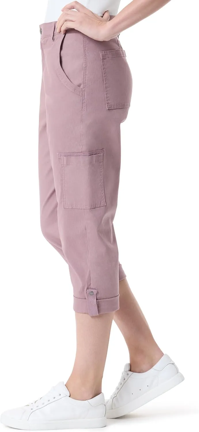 Gloria Vanderbilt Women's Cargo Capri Tab Roll Cuff with Zip Front and Elastic Waist Standard