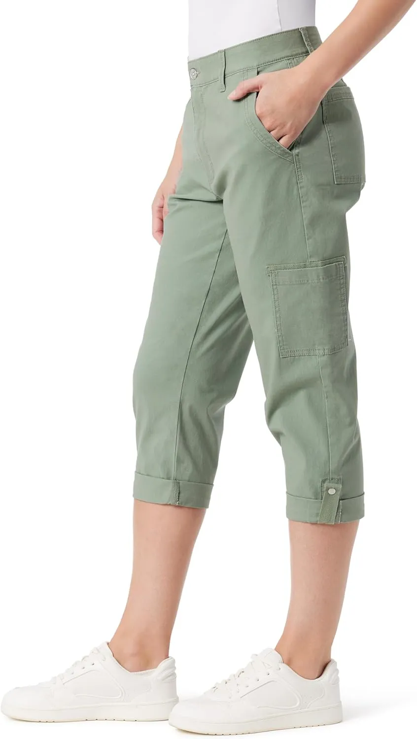 Gloria Vanderbilt Women's Cargo Capri Tab Roll Cuff with Zip Front and Elastic Waist Standard