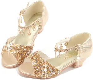 GOJERP Little Kids Girls Sandals Glitter Rhinestone Dress Pumps Sequins Princess Low Heels Party Dance Shoes (Golden, numeric_12)