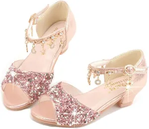 GOJERP Little Kids Girls Sandals Glitter Rhinestone Dress Pumps Sequins Princess Low Heels Party Dance Shoes (Pink, numeric_1)