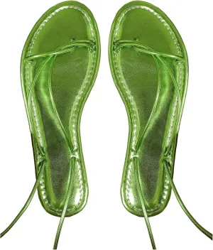 GORGLITTER Women's Gold Metallic Lace Up Sandals Strappy Open Toe Thong Tie Up Slides