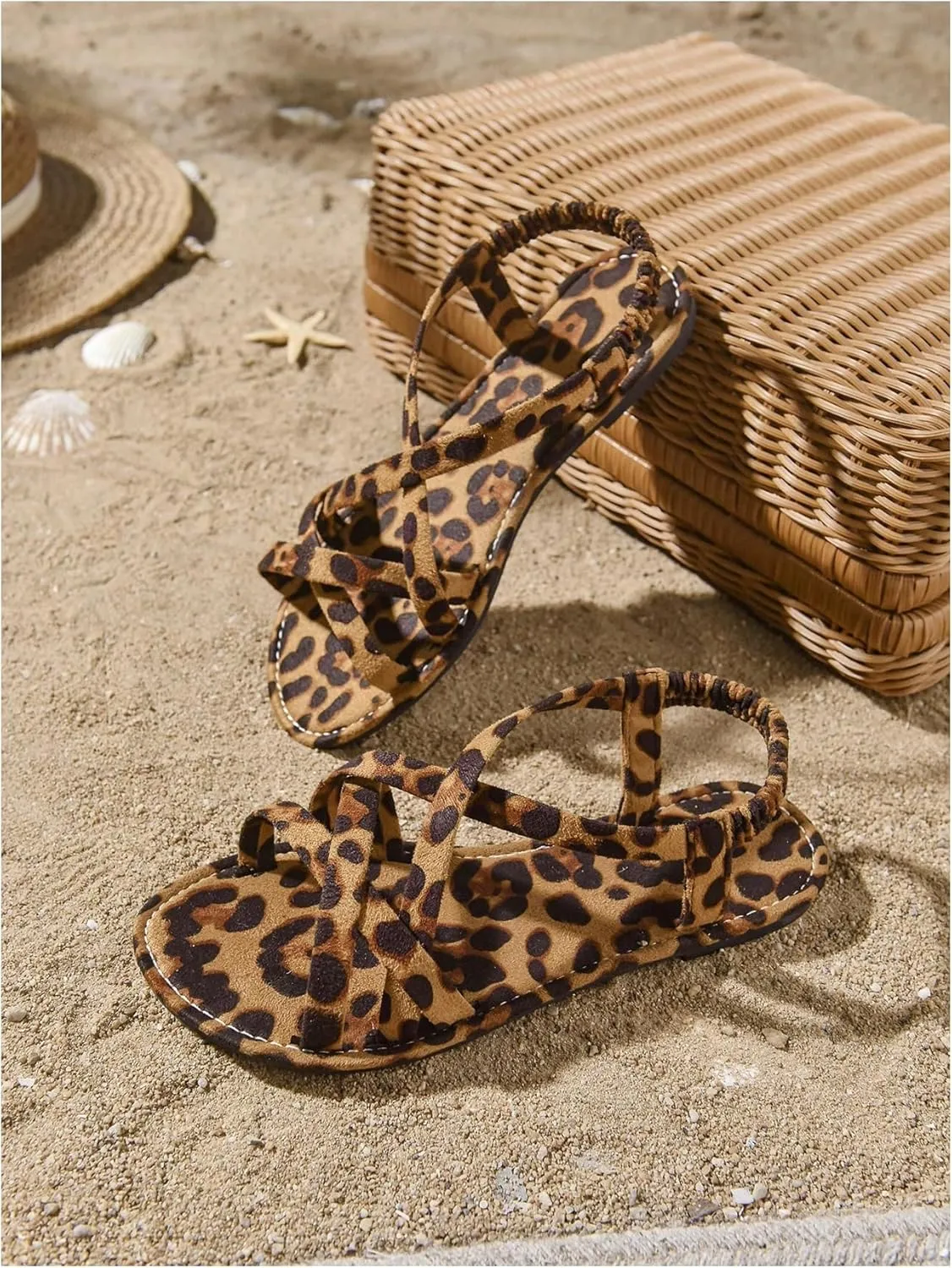 GORGLITTER Women's Leopard Strappy Flat Sandals Y2K Criss Cross Strap Open Toe Slingback Cheetah Slide Sandals