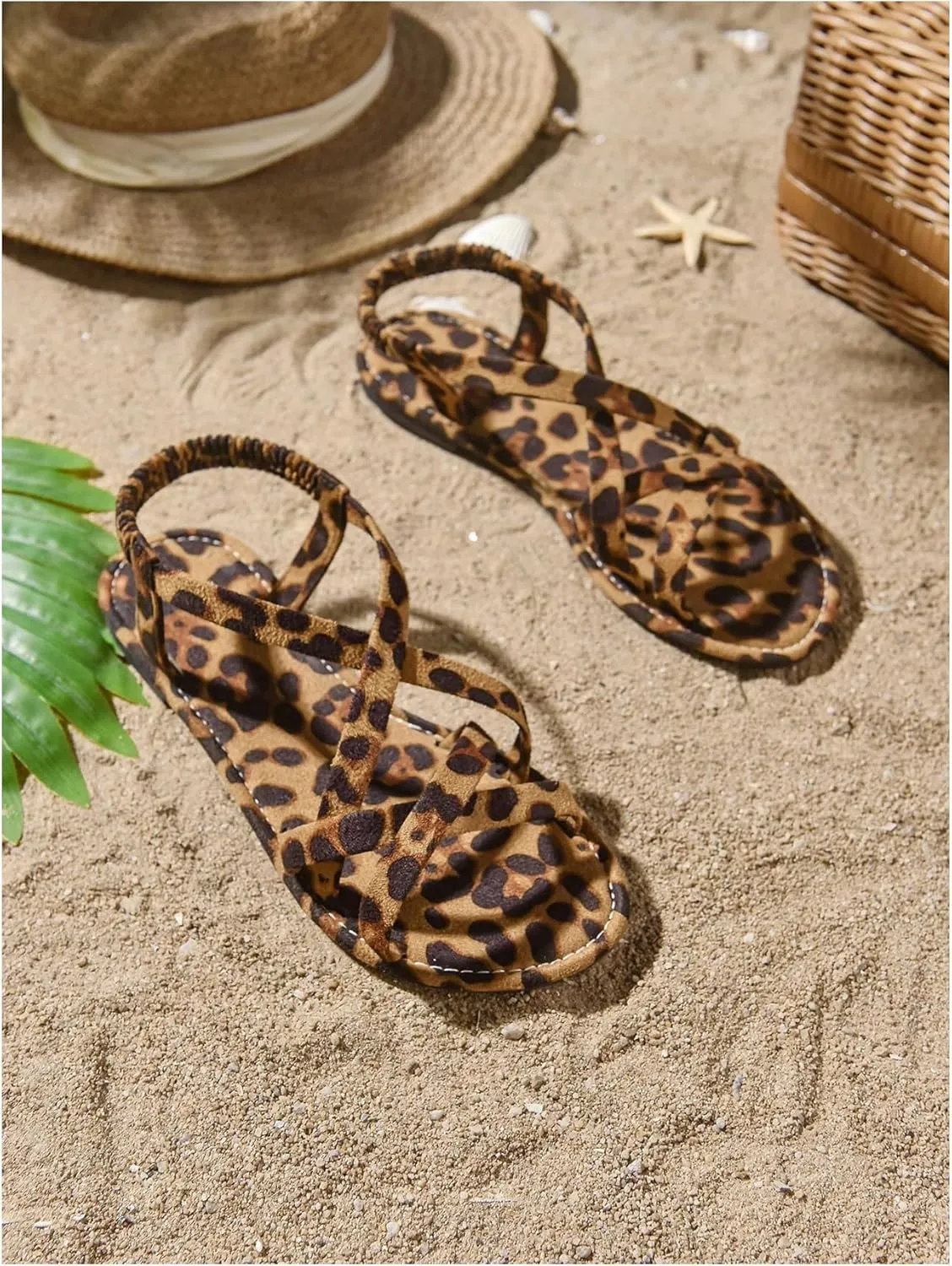 GORGLITTER Women's Leopard Strappy Flat Sandals Y2K Criss Cross Strap Open Toe Slingback Cheetah Slide Sandals