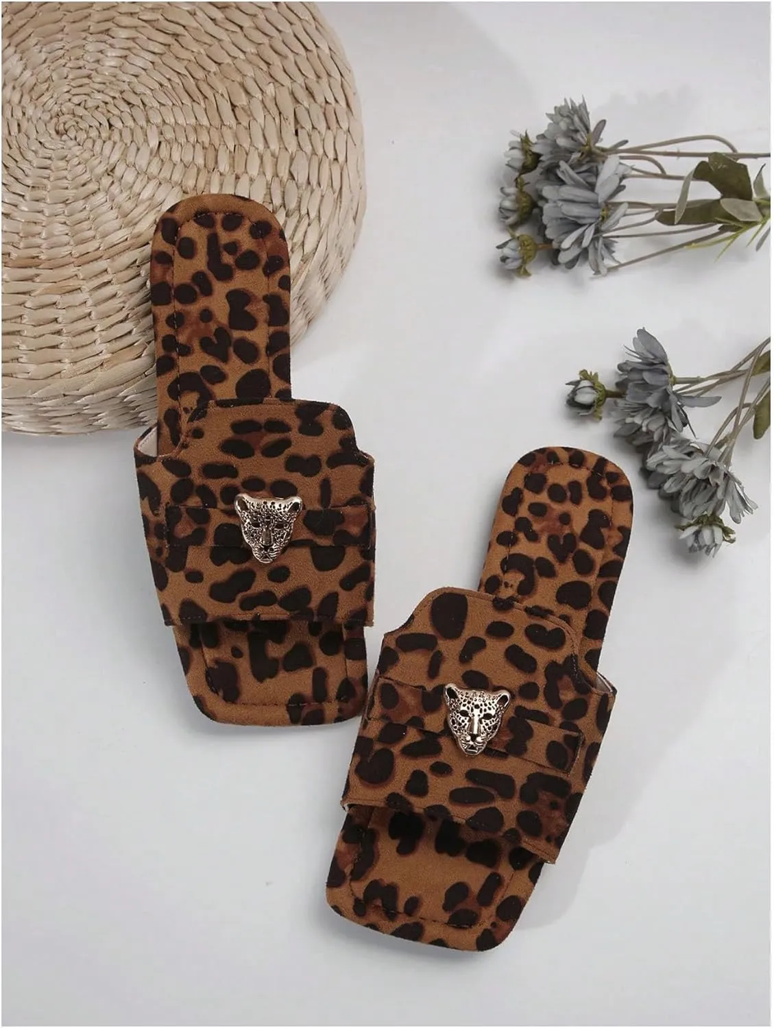 GORGLITTER Women's Y2k Leopard Summer Flat Sandals Trendy 2025 Square Open Toe Metal Decor Slide Sandals