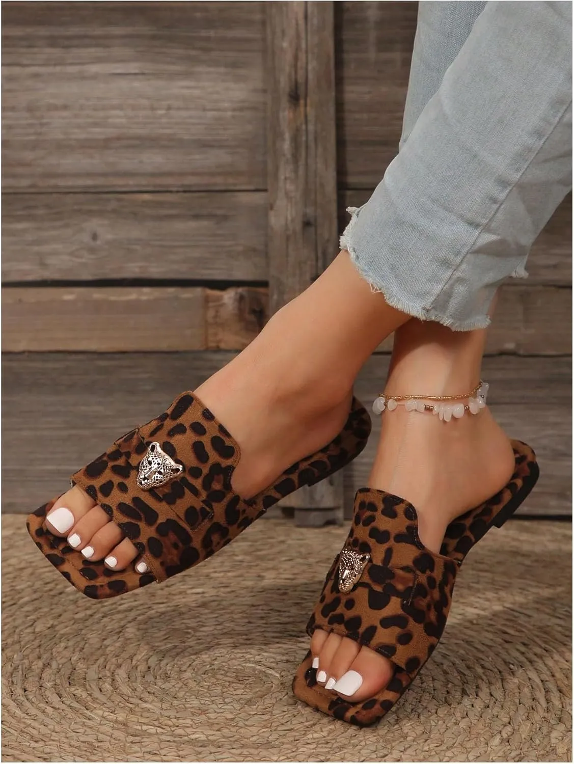 GORGLITTER Women's Y2k Leopard Summer Flat Sandals Trendy 2025 Square Open Toe Metal Decor Slide Sandals
