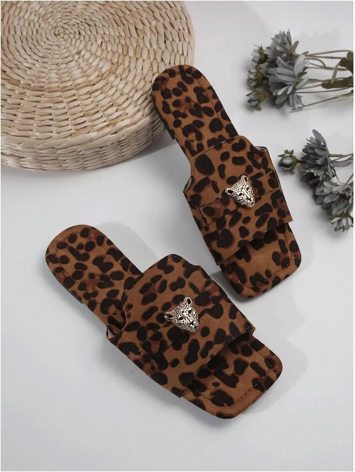 GORGLITTER Women's Y2k Leopard Summer Flat Sandals Trendy 2025 Square Open Toe Metal Decor Slide Sandals