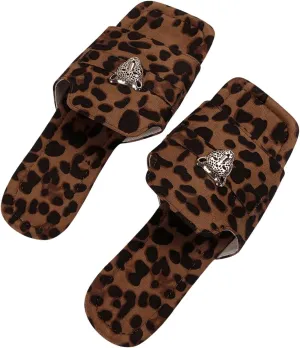 GORGLITTER Women's Y2k Leopard Summer Flat Sandals Trendy 2025 Square Open Toe Metal Decor Slide Sandals