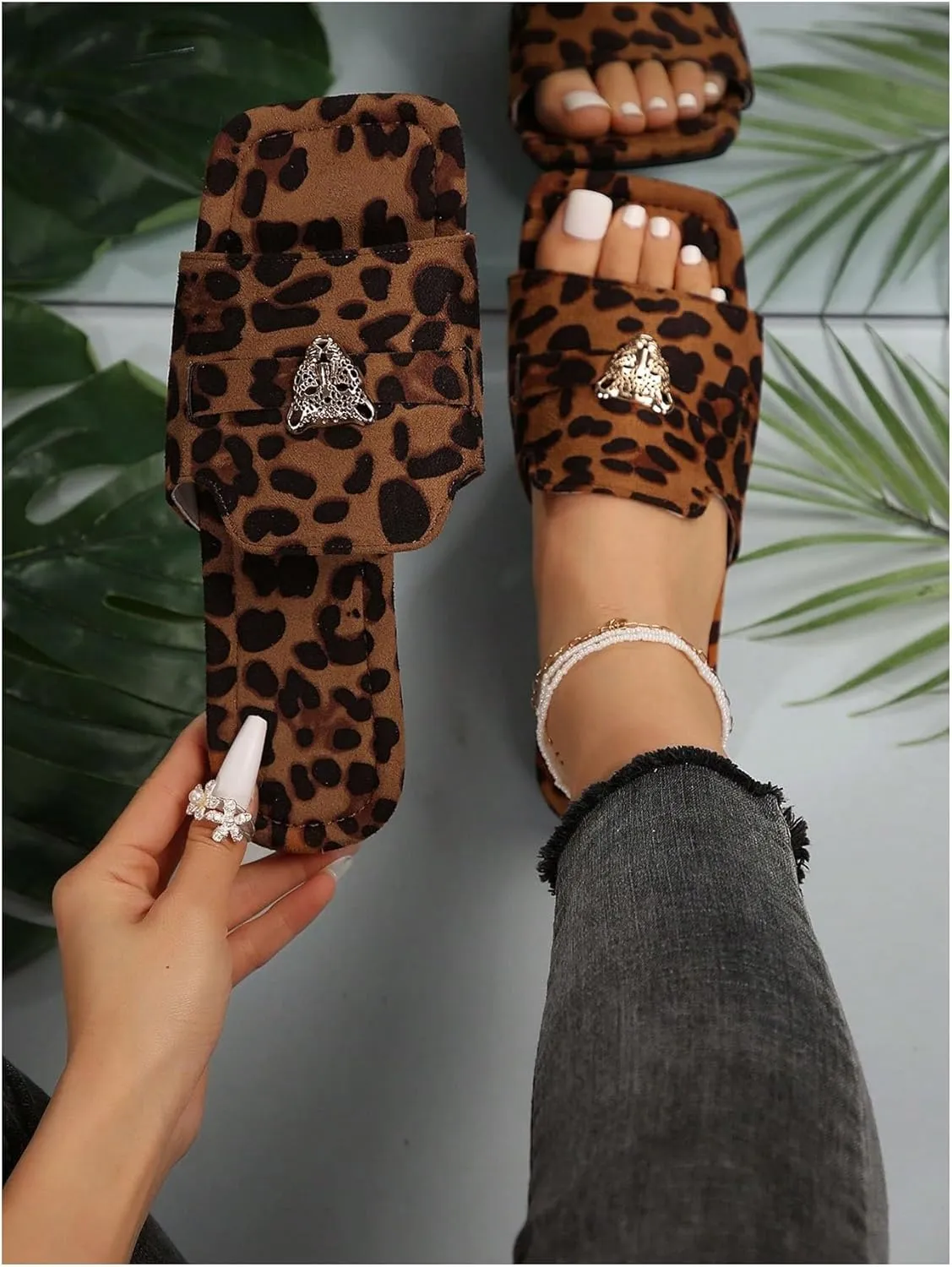 GORGLITTER Women's Y2k Leopard Summer Flat Sandals Trendy 2025 Square Open Toe Metal Decor Slide Sandals