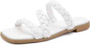 Greatonu Women's Square Toe Braided Flat Sandals Dressy Summer Open Toe Slides Sandals for Women 2025 Strappy Slip On Woven Sandals