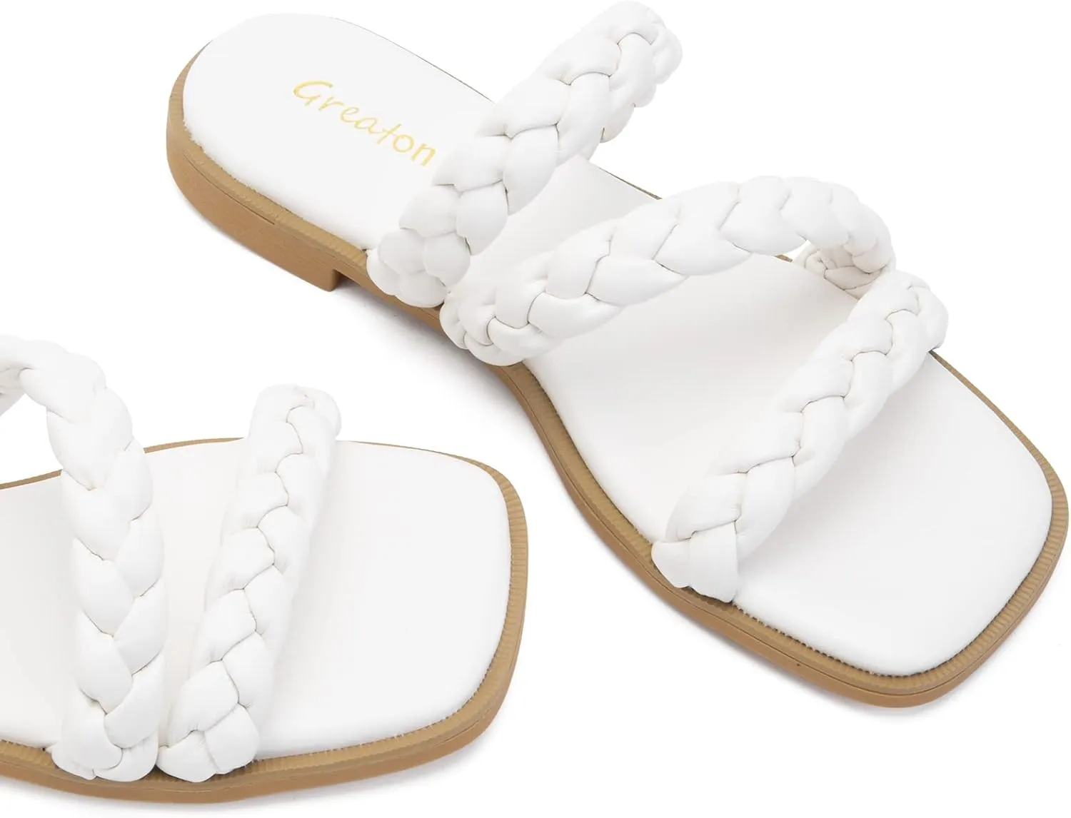 Greatonu Women's Square Toe Braided Flat Sandals Dressy Summer Open Toe Slides Sandals for Women 2025 Strappy Slip On Woven Sandals