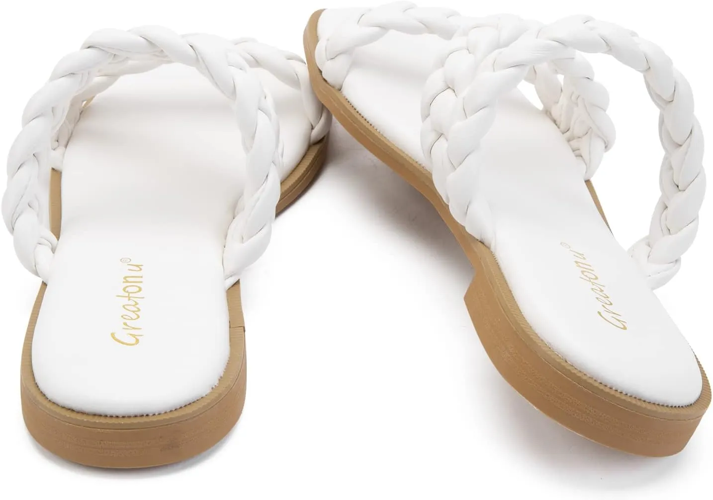 Greatonu Women's Square Toe Braided Flat Sandals Dressy Summer Open Toe Slides Sandals for Women 2025 Strappy Slip On Woven Sandals